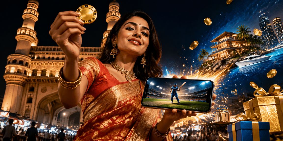 Indian woman placing cricket-related lottery bets on a smartphone in Hyderabad