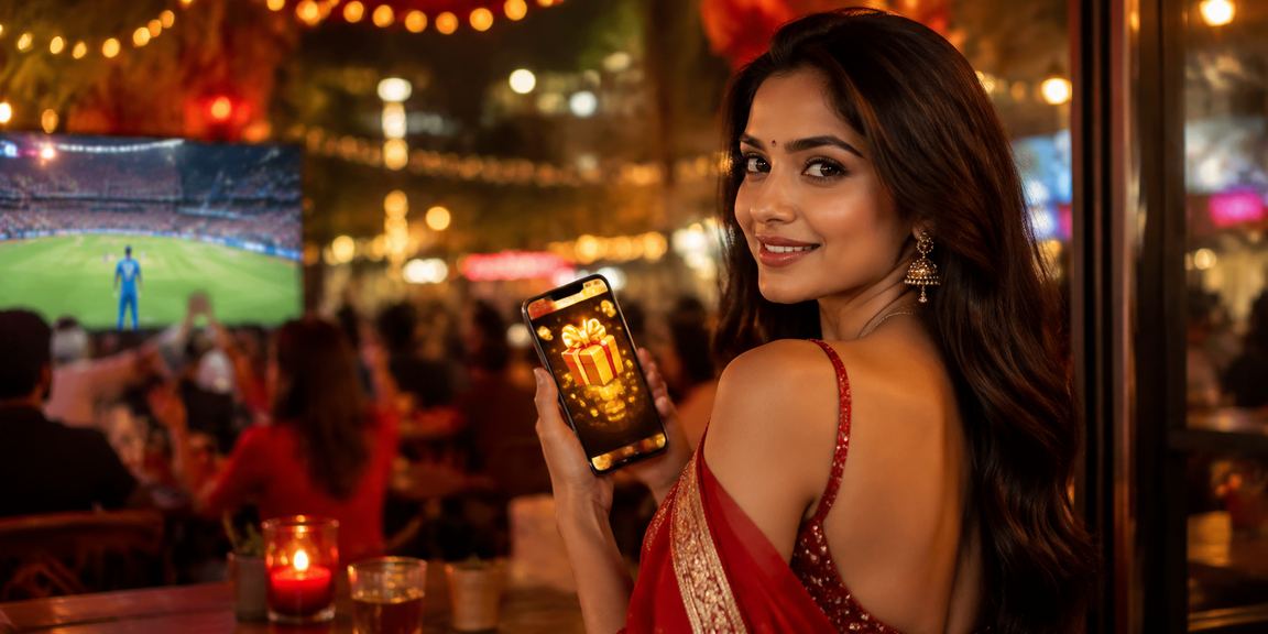 Indian cricket bettor enjoying IPL promotion with golden red lighting in a modern setup