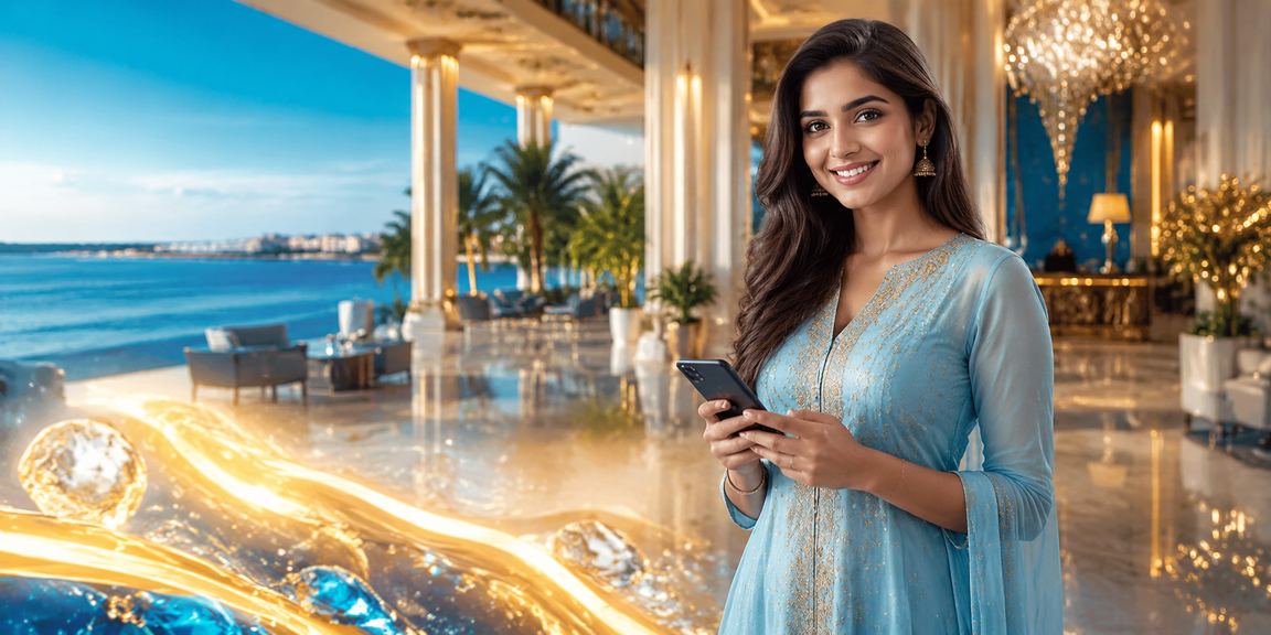 A young Indian woman making a mobile deposit using Paytm in traditional dress